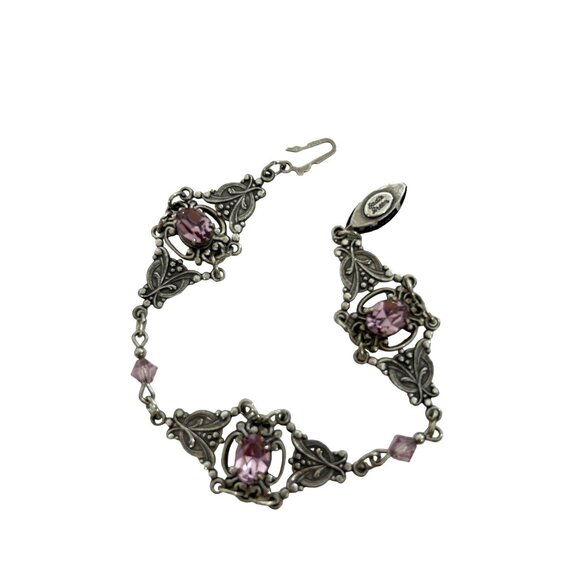 Sadie Green Vtg Bracelet Silver Tone Faux Amethyst Floral Filigree Panels Beads - Picture 15 of 16